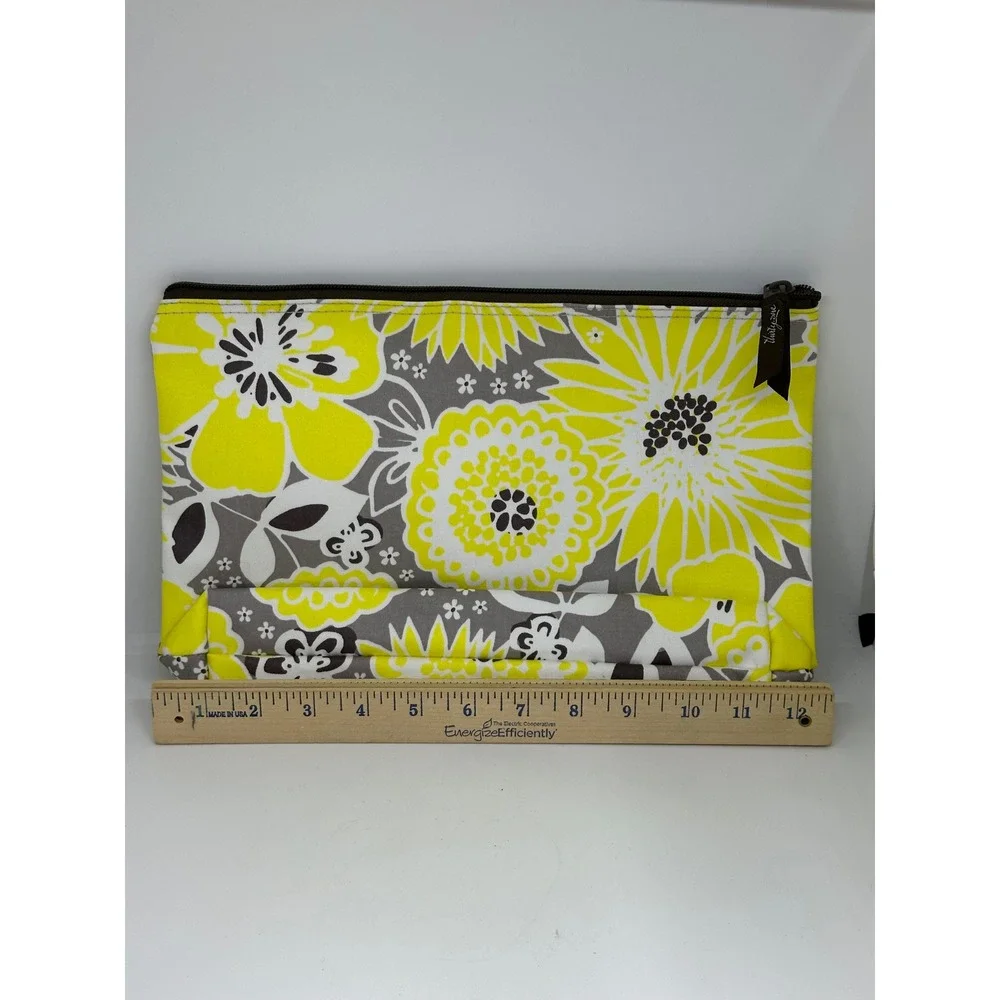Thirty One Zipper Pouch Yellow Gray Floral‎ Travel Makeup Toiletry Organizer Bag